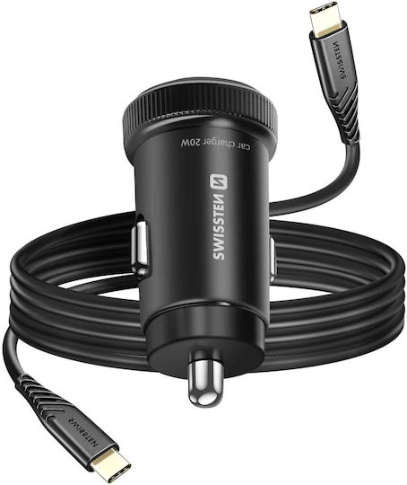 Swissten 20W PD 2-Port USB-C Car Charger Smartphones Tablets USB-C Cable Black