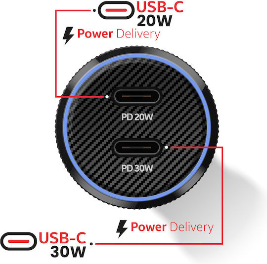 Swissten Handy-Autoladegerät Schnellladen 50w 2x USB-C Power Delivery Schwarzes