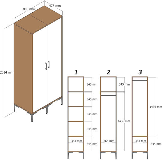 SteweHome Kleiderschrank Doppeltür Pp Lidya Anthrazit 80x47x210cm