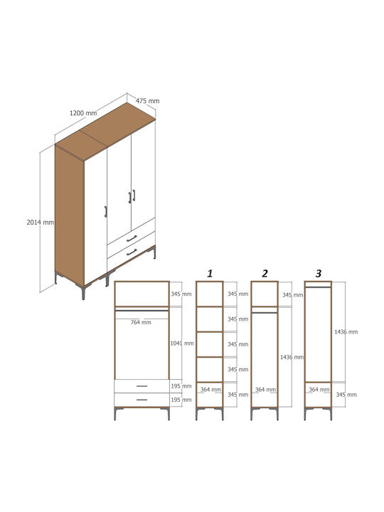 Wardrobe Three Doors Walnut Anthracite 120x47x201cm