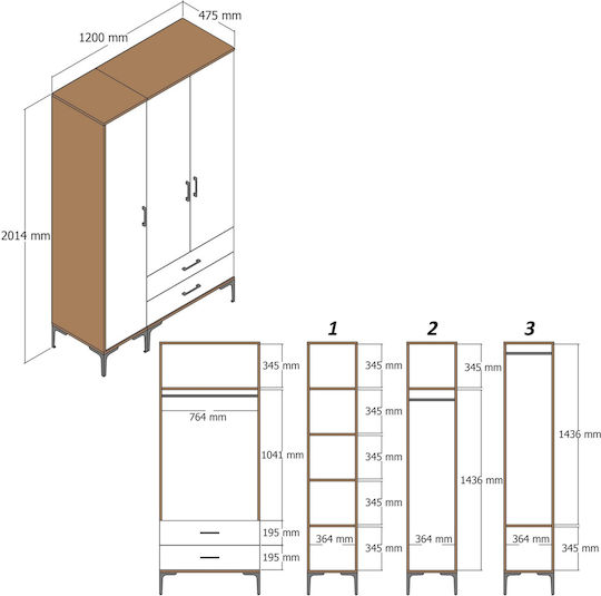 Kleiderschrank Drei Türen Pt Walnuss Anthrazit 120x47x201cm