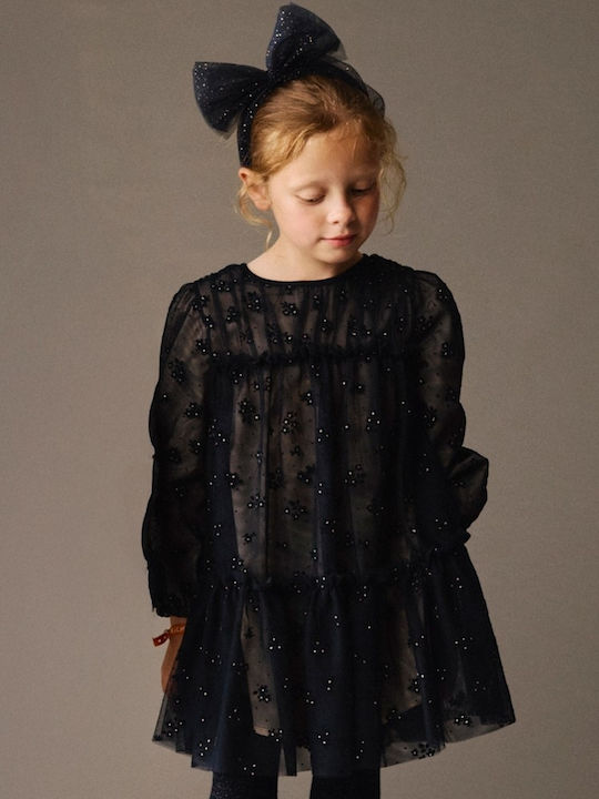 Girls Dress Long Sleeve Tulle Set with Coat and Accessories Navy Blue