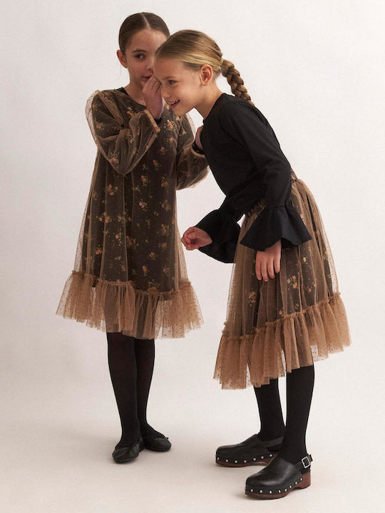Children's Dress Long Sleeve Tulle Floral Black, Camel