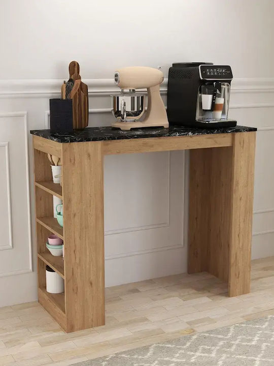 Bar Table Oak Black Marble Surface & Shelves 120x51x101cm