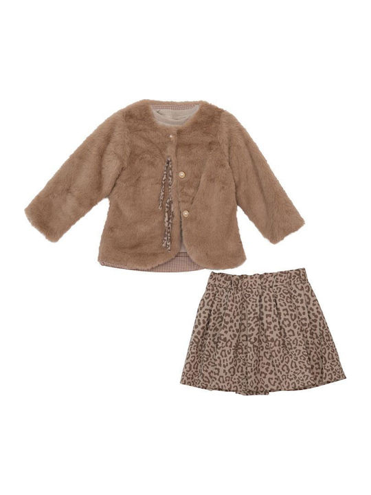 Girls Dress Long Sleeve Knitted Animal Print Set with Coat and Accessories Beige