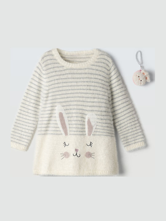 Mädchenkleid Langärmelig Gestrickt Gestreift Kinderbekleidungssets mit Zubehör Ecru