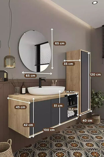 Ντουλάπι Μπάνιου Mdf 100cm Νιπτήρα & Στήλη 3τμχ Γκρι 120x35x40cm