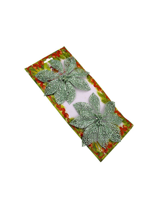Ornamente De Crăciun Pentru Brad Floare Verde Mentă Cu Sclipici 9cm 2 Bucăți Clește Metalic 1epx3086