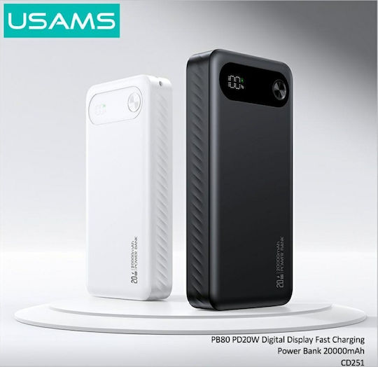 Usams PB80 Power Bank 20000mAh 20W με 2 Θύρες USB-A και Θύρα USB-C Power Delivery Λευκό
