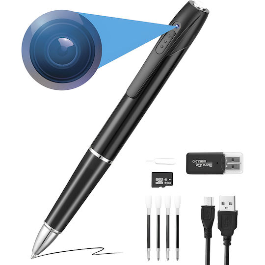 Spy Pen Video Camera Microphone Full HD 1080p 30fps 64GB MicroSD Card Included 150-Minute Battery Audio-Video Recording Rechargeable USB Office Conferences Mac PC Black