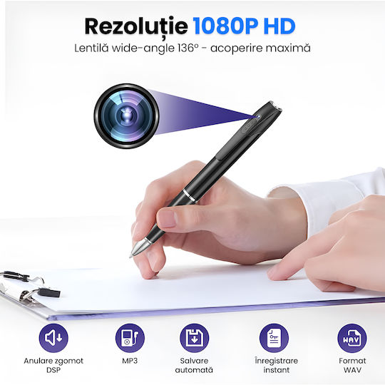 Spy Pen Video Camera Microphone Full HD 1080p 30fps 64GB MicroSD Card Included 150-Minute Battery Audio-Video Recording Rechargeable USB Office Conferences Mac PC Black