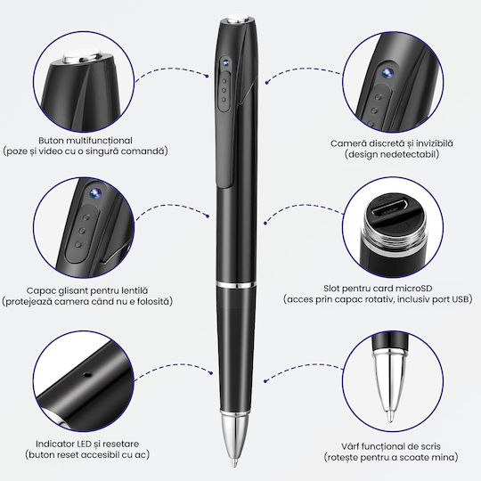Spy Pen Video Camera Microphone Full HD 1080p 30fps 64GB MicroSD Card Included 150-Minute Battery Audio-Video Recording Rechargeable USB Office Conferences Mac PC Black