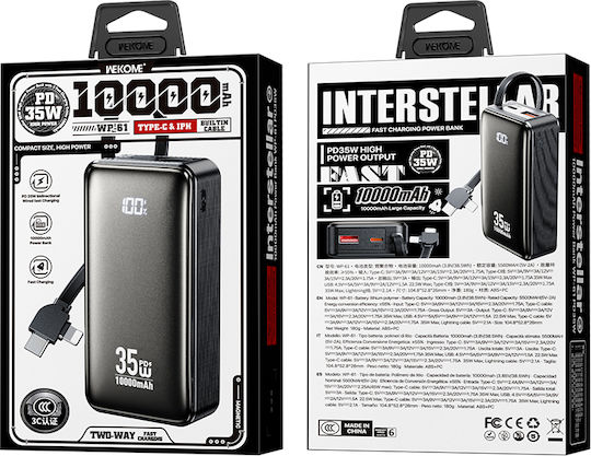 WK WP-61 Power Bank 10000mAh 35W Power Delivery / Quick Charge Μαύρο
