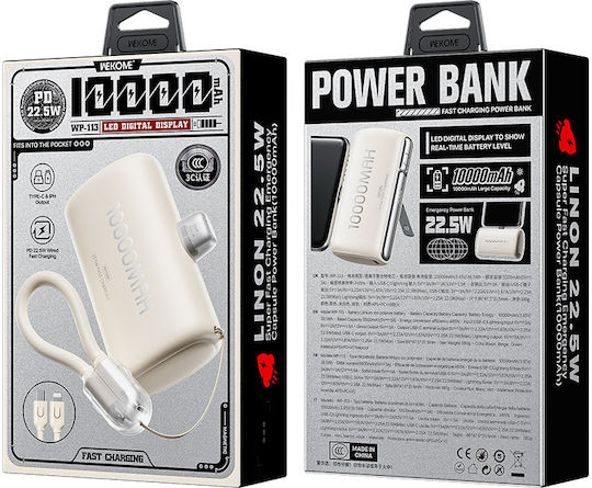 WK WP-113 Power Bank 10000mAh 22.5W Power Delivery Μπεζ