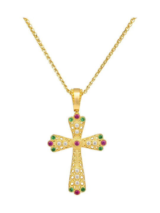 Women's Gold Byzantine Cross 14K Double Sided with Chain