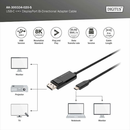 Digitus Convertor USB-C masculin în DisplayPort masculin 1buc AK-300334-020-S