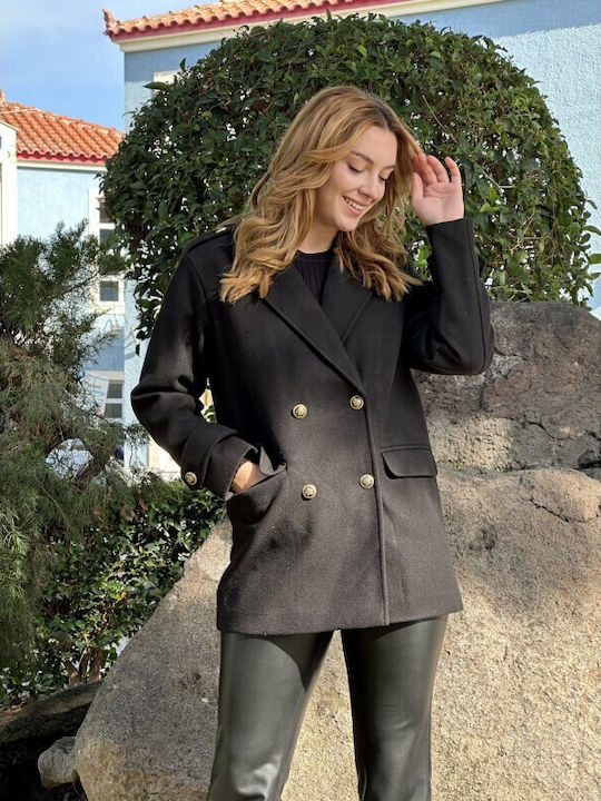 Ingrid Women's Black Coat with Buttons