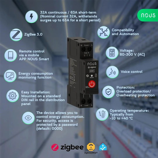 Nous D5z Pro Întrerupător Inteligent De Circuit 32a Continuu 63a Vârf Scurt Zigbee 3.0 1 Canal Măsurare Energie W Kwh V A Montare Pe Șină Din Măsurare Putere