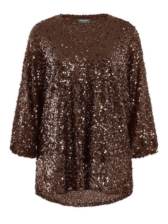 Celestino Γυναικεία Μπλούζα Oversized Παγιέτες Loose Fit Καφέ