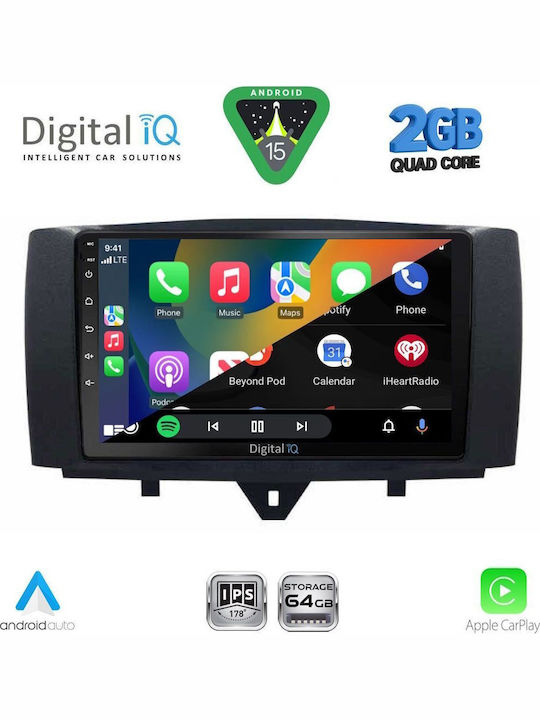 Digital IQ Auto-Audiosystem für Smart FürZwei 2010-2015 (Bluetooth/USB/WiFi/GPS/Apple-Carplay/Android-Auto) mit Touchscreen 9"