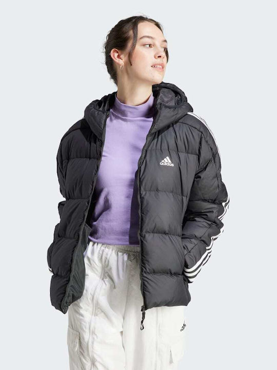 Essentials 3-Stripes Mid Down Women's Short Puffer Jacket for Winter with Hood Black