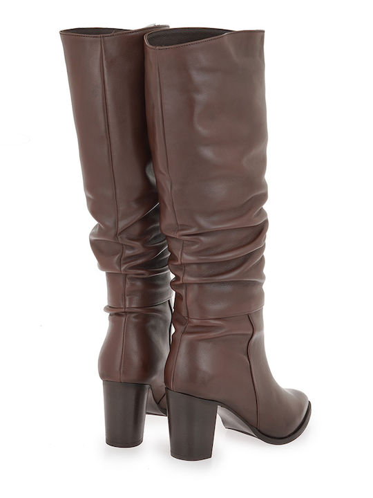 Leather Medium Heel Women's Boots Brown