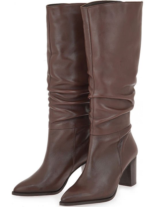 Leather Medium Heel Women's Boots Brown