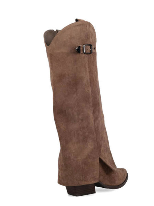 Suede Medium Heel Women's Boots with Zipper Brown