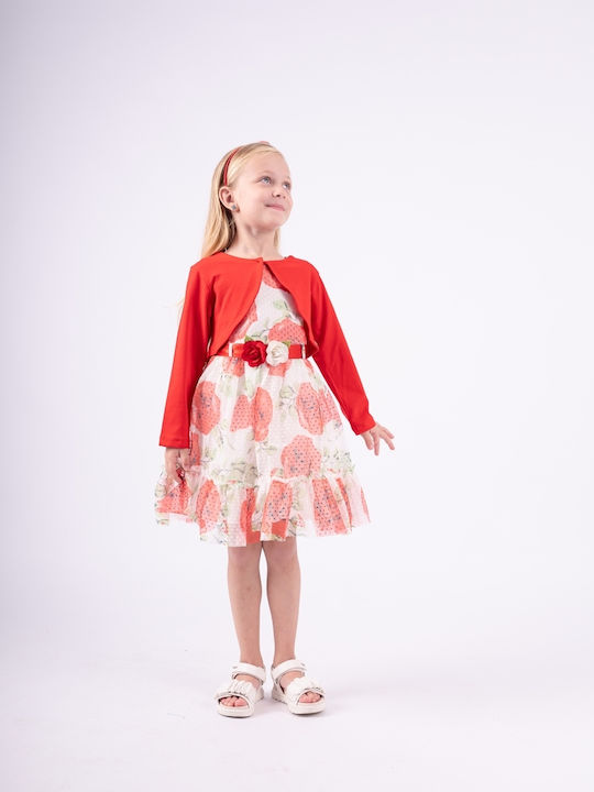 Girls Sleeveless Tulle Floral Dress Set with Coat and Accessories Red