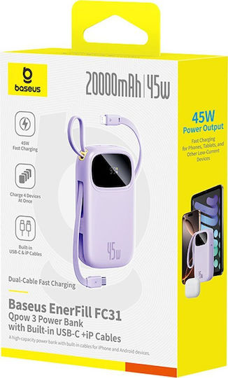 Baseus EnerFill FC31 Power Bank 20000mAh 45W με Θύρα USB-A και Θύρα USB-C Μωβ
