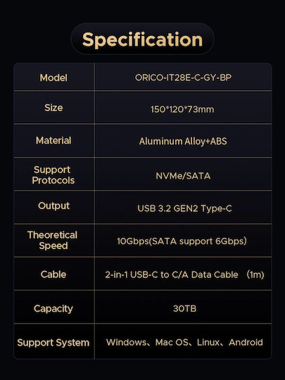 Orico Сторидж HDD/M.2 Док 2 Гнезда Офлайн Клониране 2.5 3.5 M.2 NVMe USB-C/USB-A IT28E-C-EU-GY