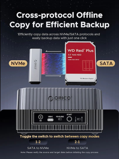 Orico Сторидж HDD/M.2 Док 2 Гнезда Офлайн Клониране 2.5 3.5 M.2 NVMe USB-C/USB-A IT28E-C-EU-GY