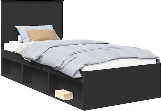 Κρεβάτι Μονό από Μασίφ Ξύλο Μαύρο με Τάβλες για Στρώμα 90x200cm