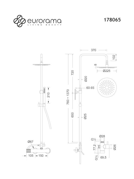 Eurorama Adjustable Shower Column with Mixer Black Eurorama Adjustable Shower Column with Mixer Black