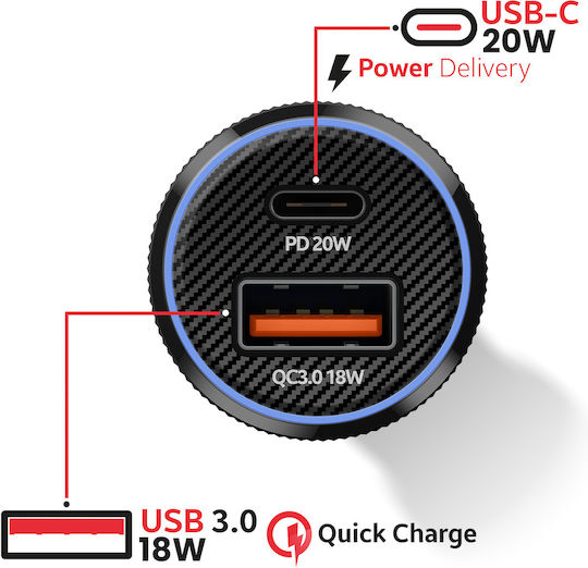Swissten Car Charger Fast Charging 38W USB-C Power Delivery USB 3.0 Black