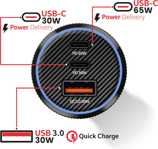 Swissten 2x USB-C Power Delivery 95W USB 3.0 30W Fast Charging Cell Phone Car Charger Black