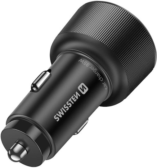 Swissten 2x USB-C Power Delivery 95W USB 3.0 30W Fast Charging Cell Phone Car Charger Black