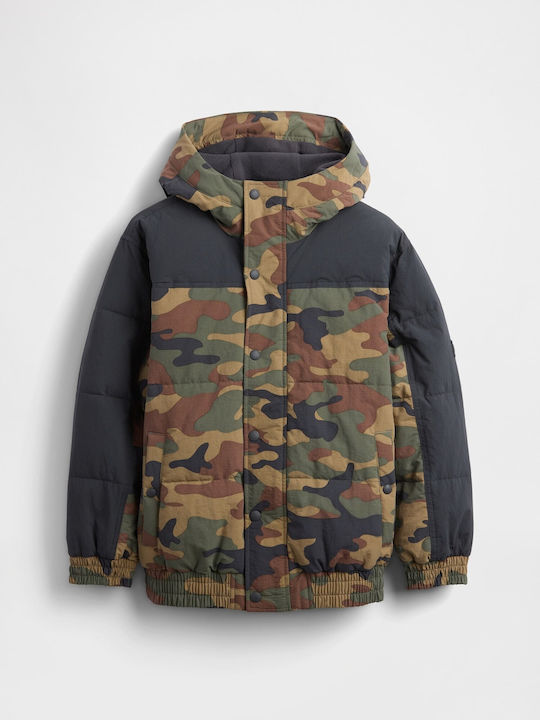 Waterproof Kids Quilted Long Coat with Hood Woodland Camo