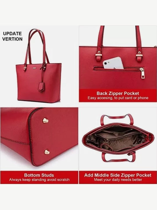 Σετ Δερμάτινη Γυναικεία Τσάντα Shopper Ώμου Κόκκινη