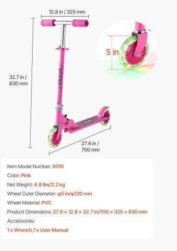 Vevor Kids Scooters Foldable 2-Wheel for 3+ Years Pink