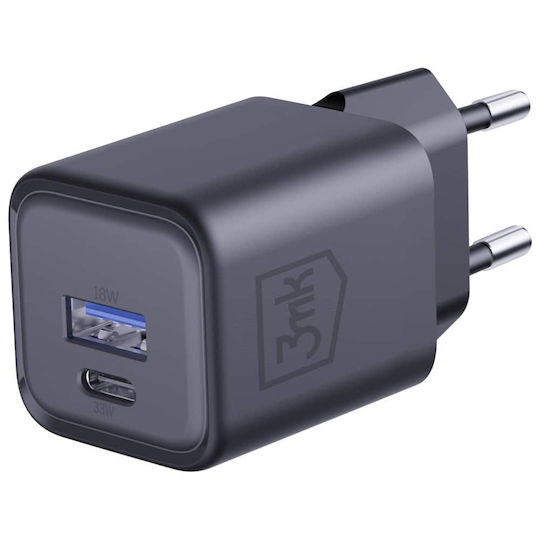 3MK Φορτιστής Χωρίς Καλώδιο GaN με Θύρα USB-A και Θύρα USB-C 33W Power Delivery Μαύρος (Hyper)