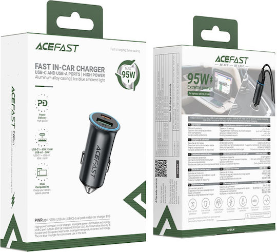 Acefast Auto-Ladegerät 95W Schnellladung mit Anschlüssen: 1xUSB 1xType-C mit Kabel Typ-C,TC-TC Blau Farbe
