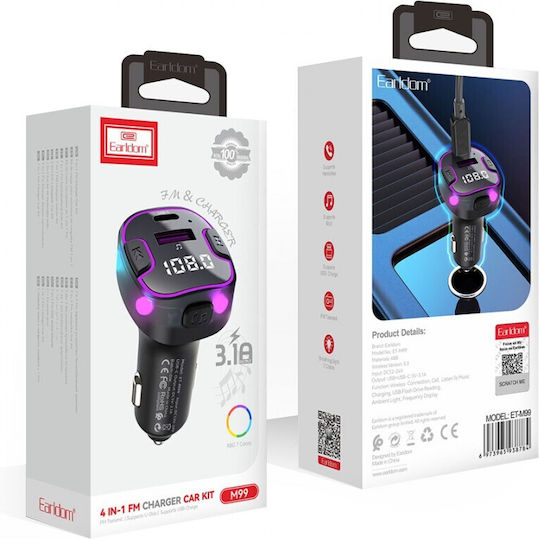 Earldom FM Transmitter Αυτοκινήτου Et-m99 με Bluetooth / Type-C / USB
