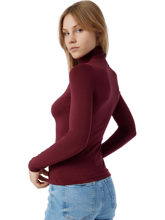 Fimelle Women's Long Sleeve Turtleneck T-Shirt Burgundy