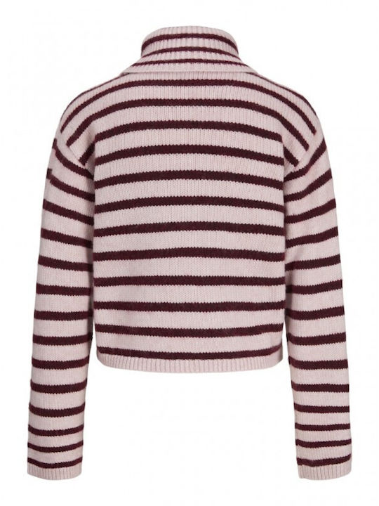Women's Long Sleeve Crop Sweater Turtleneck Striped Pink