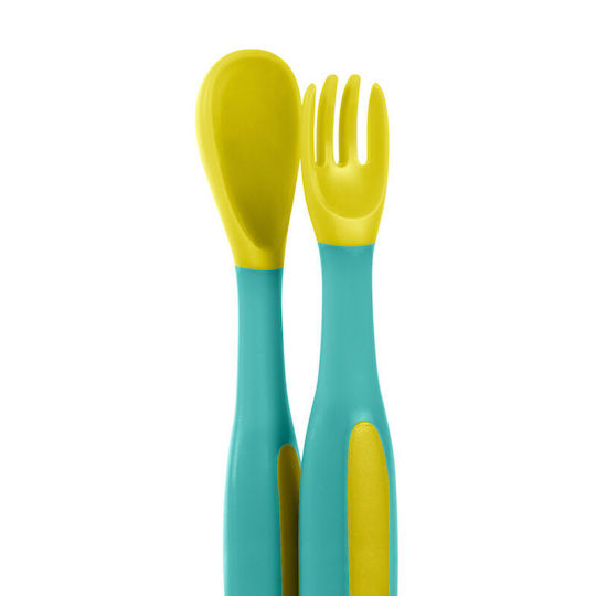 Baboo Baby Set with Fork with Temperature Indicator made of Silicone for 6+ months Yellow 2pcs