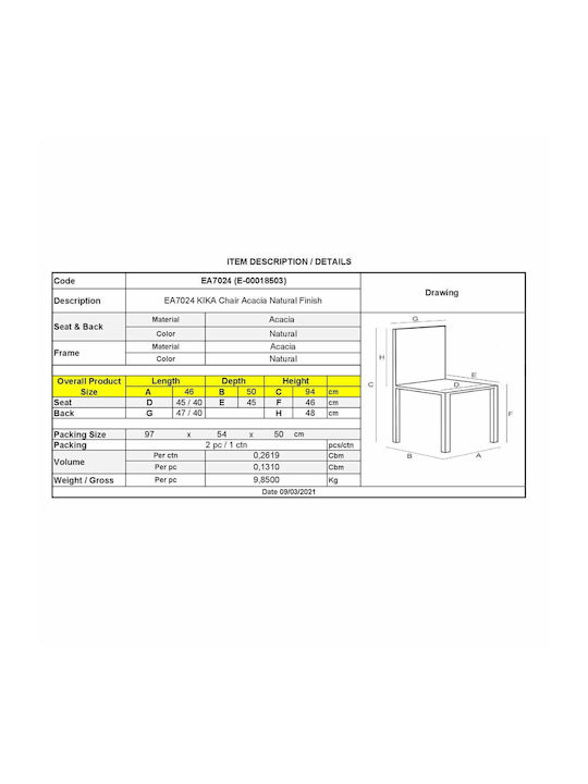 Kika Καρέκλες Κουζίνας Ξύλινες Φυσικό 2τμχ 46x50x94εκ.