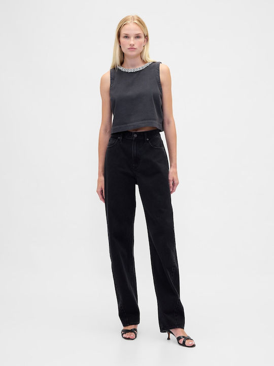 Γυναικείο Crop Top Βαμβακερό Αμάνικο με Φερμουάρ Black