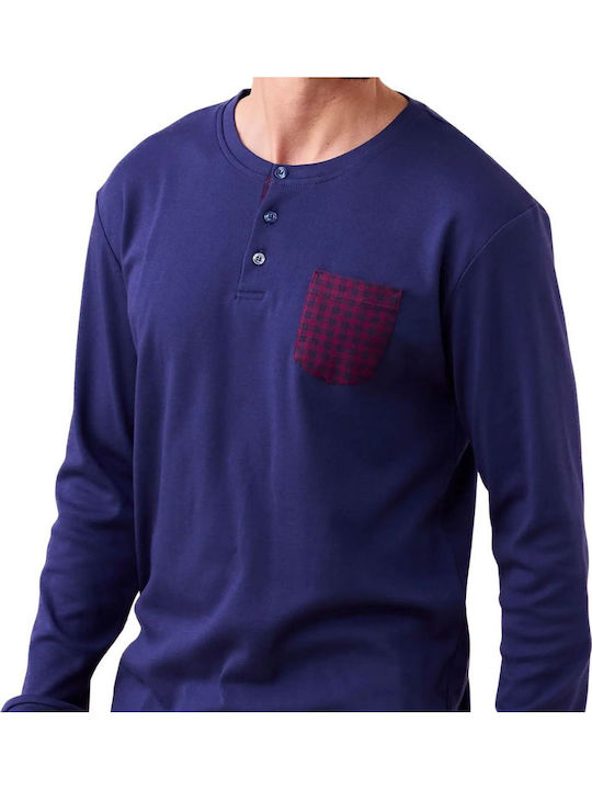 Noidinotte Men's Winter Checked Pajamas Set Blue Marine