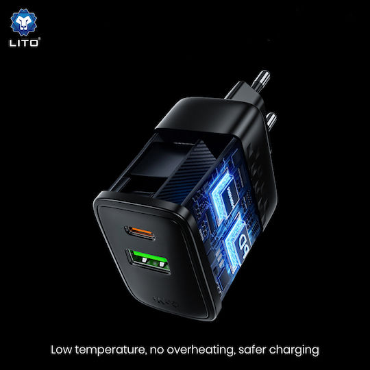 Lito Charger GaN with USB-A Port and USB-C Port and Cable USB-C - USB-C 65W Power Delivery Blacks (LC24T)